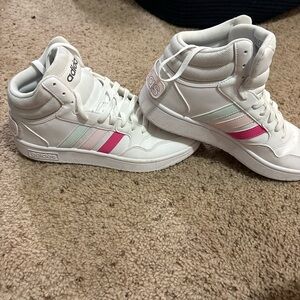 Adidas Women's White Sneakers with Pink and blue Stripes